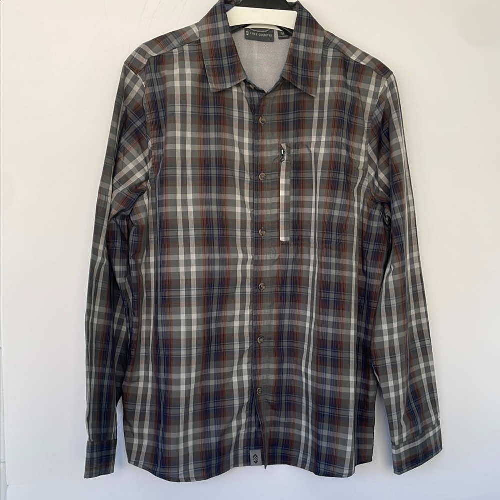 Free Country Blue Brown Grey Long Sleeve Casual Button Down Shirt Medium